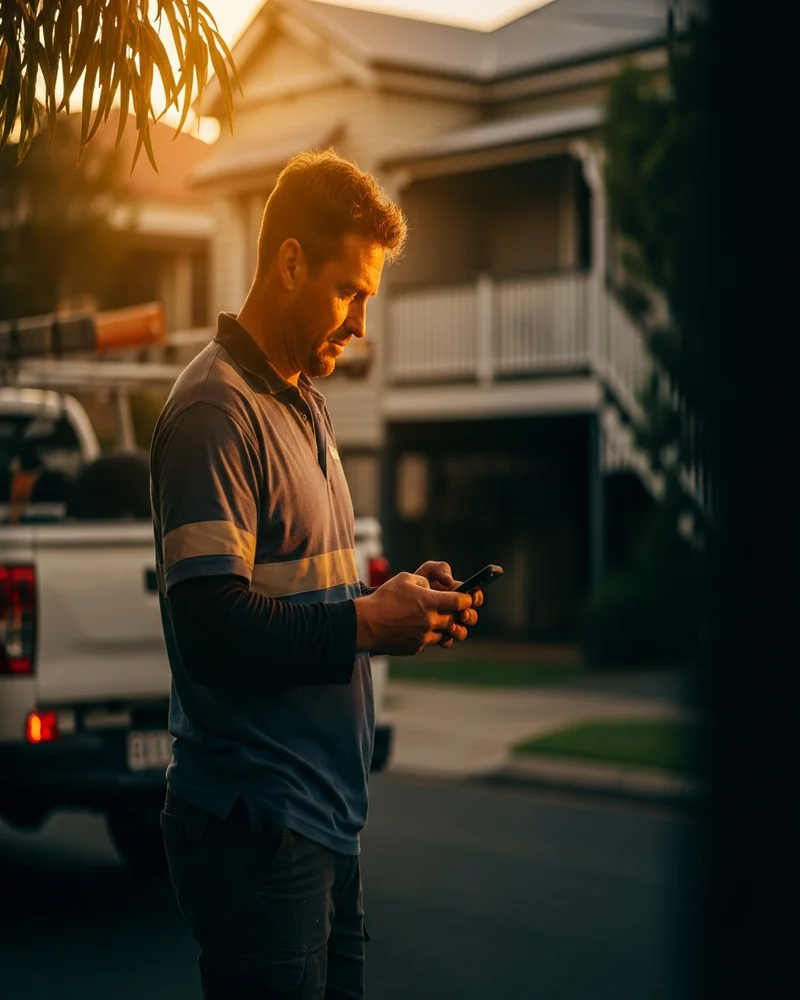 Australian tradesperson checking their phone at the end of a job